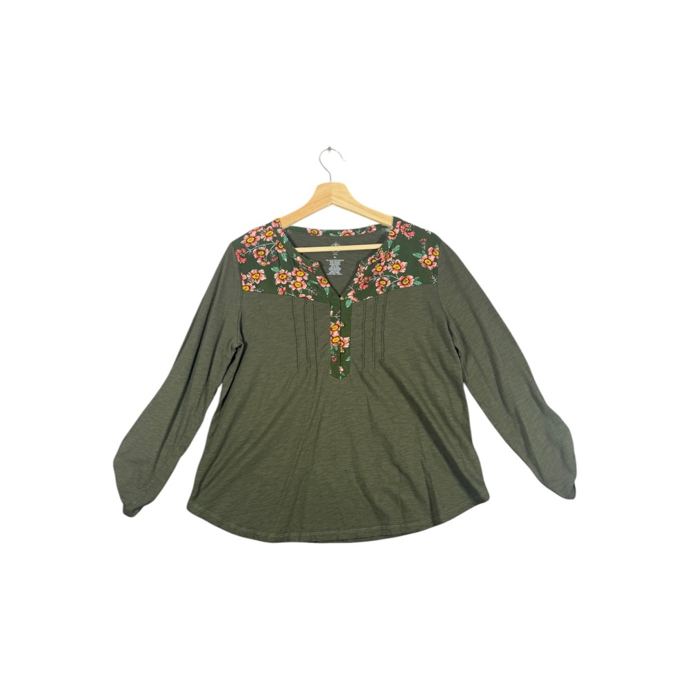 St Johns Bay Womens Petite Large Olive Green Floral Henley Long Sleeve Top PL